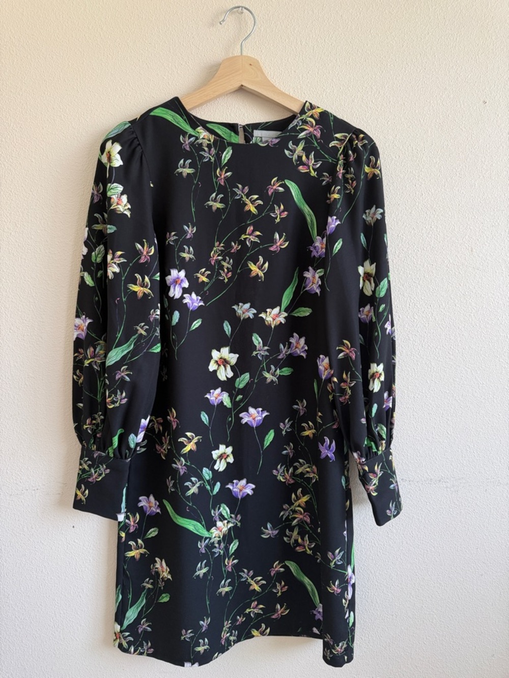 H&M Black Floral Long Sleeve Dress with Green Leaves and Purple Accents